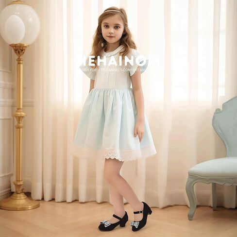 Hehainom Girls Mary Jane Dress Shoes Rhinestones Bows Flower Girl Wedding Princess Low Heels Toddler Little Kids Pump Shoes in Saudi Arabia
