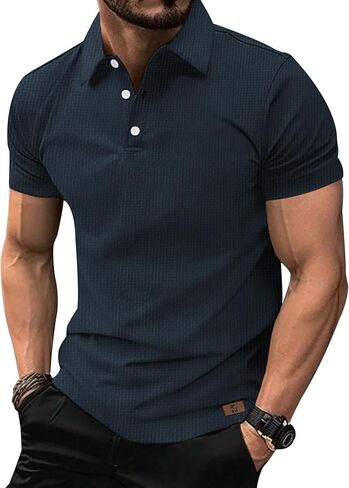V VALANCH Mens Texture Polo Shirts Short Sleeve Lightweight Cool Dry Business Casual Golf Polo Collared Shirt in Kuwait