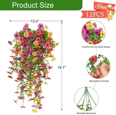 6 Pcs Artificial Hanging Mums Flowers Outdoor, Orange UV Resistant Fake Hanging Fall Plants for Outdoor Planter Patio Front Door Window Autumn Decoration (6, Orange) in Kuwait