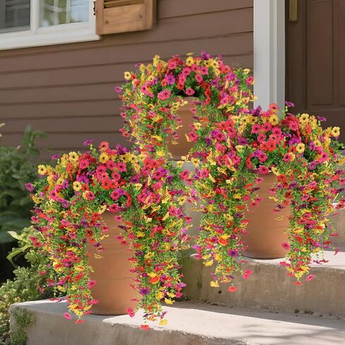 6 Pcs Artificial Hanging Mums Flowers Outdoor, Orange UV Resistant Fake Hanging Fall Plants for Outdoor Planter Patio Front Door Window Autumn Decoration (6, Orange) in Kuwait