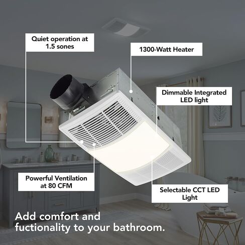 Broan-nutone Bhfled80 Powerheat Bathroom Fan ، سخان ، ومجموعة مصباح LED ، 80 CFM in Kuwait