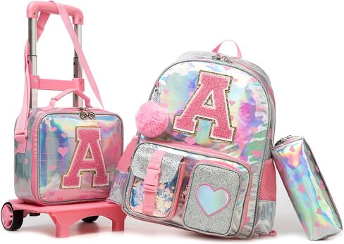 Girls Rolling Backpack for Kids Roller Backpack with Wheels for School Girls Backpack 4Pcs Set with Lunch Box Pencil case for Students,Blue in Kuwait