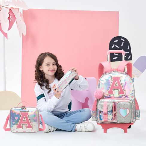 Girls Rolling Backpack for Kids Roller Backpack with Wheels for School Girls Backpack 4Pcs Set with Lunch Box Pencil case for Students,Blue in Kuwait