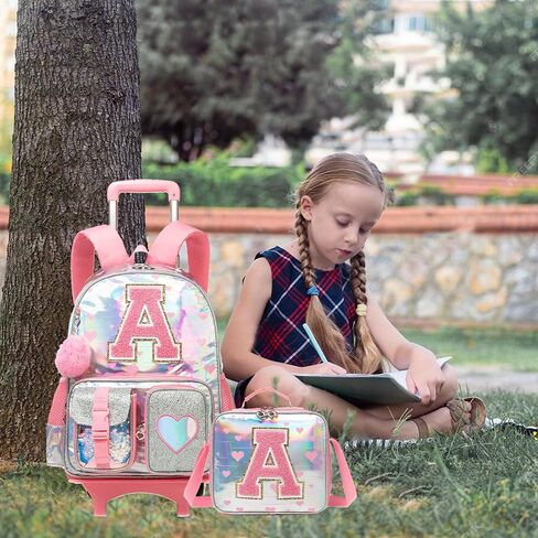 Girls Rolling Backpack for Kids Roller Backpack with Wheels for School Girls Backpack 4Pcs Set with Lunch Box Pencil case for Students,Blue in Kuwait