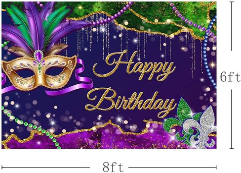 MEHOFOND 7x5ft Mardi Gras Birthday Backdrop Masquerade Happy Birthday Party Photography Background Purple Green Mask Beads Confetti Bday Decor Dress-up Carnival Party Banner Cake Smash Photo Props in Saudi Arabia