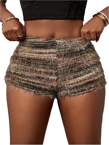 SHENHE Women's Fuzzy Striped Sweater Micro Shorts High Elastic Waist Casual Booty Hot Pants in Kuwait