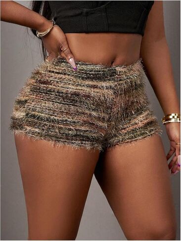 SHENHE Women's Fuzzy Striped Sweater Micro Shorts High Elastic Waist Casual Booty Hot Pants in Kuwait