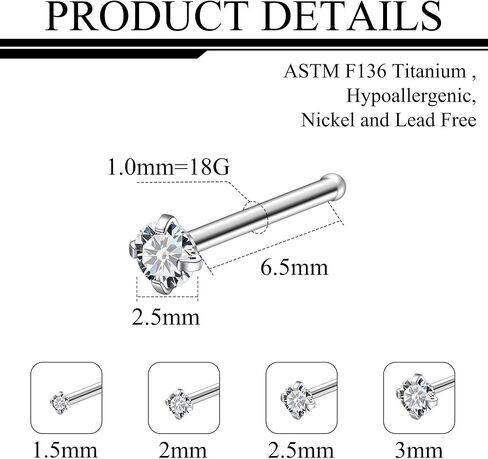 Ruifan ASTM F136 Titanium Nose Rings 18G 20G 22G Clear Round Cubic Zirconia Nose Studs Ring Screw L-Shaped Bone Hypoallergenic Body Piercing Jewelry for Women 1.5mm 2mm 2.5mm 3mm 4PCS in Saudi Arabia
