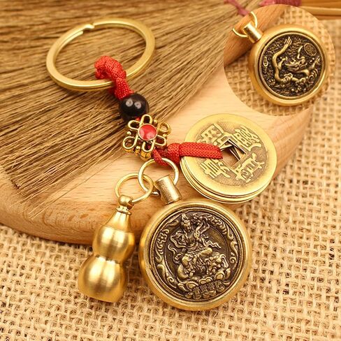 Brass Coins Gourd Wu Lou Key Chain Samantabhadra Bodhisattva Chinese Zodiac Loong Dragon Key Rings for Fortune Longevity Wealth Success in Saudi Arabia