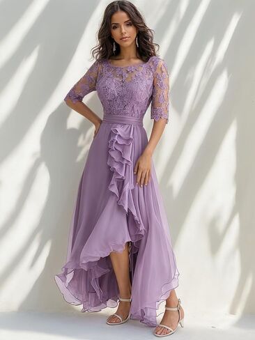 Lace Applique Mother of The Bride Dresses for Women 1/2 Sleeve High Low Pleated Wedding Guest Dress in Saudi Arabia