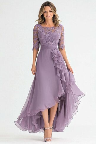 Lace Applique Mother of The Bride Dresses for Women 1/2 Sleeve High Low Pleated Wedding Guest Dress in Saudi Arabia
