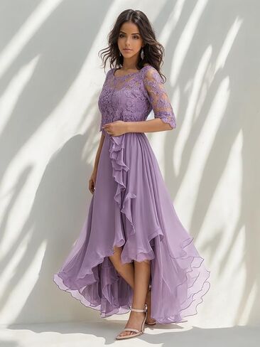 Lace Applique Mother of The Bride Dresses for Women 1/2 Sleeve High Low Pleated Wedding Guest Dress in Saudi Arabia