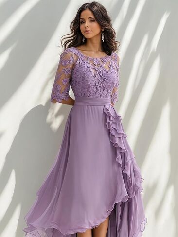 Lace Applique Mother of The Bride Dresses for Women 1/2 Sleeve High Low Pleated Wedding Guest Dress in Saudi Arabia