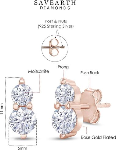 Savearth Diamonds 18K Gold Plated Silver Silver Post اثنين من الأقراط الحجرية ، 0.90 قيراط (CTW) أقراط الماس Moissanite للماس للنساء | هدايا المجوهرات العصرية لها in Kuwait