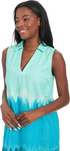 London Times Women's Sleeveless Ombre Sunset Linen Midi Collared Neckline with Side Slits-Summer Wedding Guest Dress in Saudi Arabia