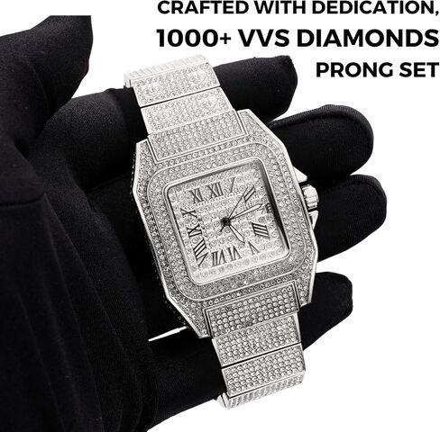 Halukakah Watch for Men - Moissanite Diamond Iced Out - رفاهية الذهب الذهب/البلاتين الفاخرة المغطاة بالذهب الأبيض المغطى بأرقام رومانية 40 ملم مع تقويم ، معصم ثقيل ، 8.5 بوصة - مع مربع الهدايا in Kuwait