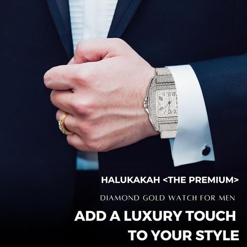 Halukakah Watch for Men - Moissanite Diamond Iced Out - رفاهية الذهب الذهب/البلاتين الفاخرة المغطاة بالذهب الأبيض المغطى بأرقام رومانية 40 ملم مع تقويم ، معصم ثقيل ، 8.5 بوصة - مع مربع الهدايا in Kuwait