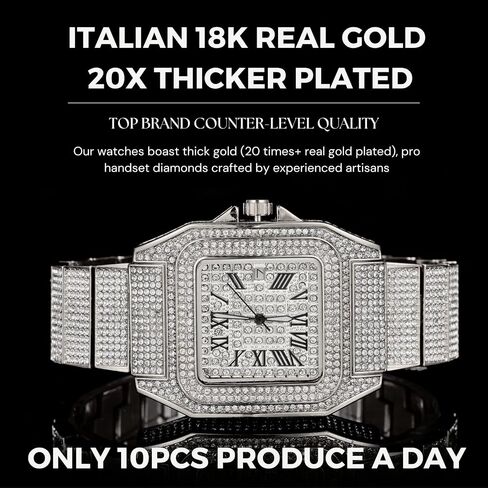 Halukakah Watch for Men - Moissanite Diamond Iced Out - رفاهية الذهب الذهب/البلاتين الفاخرة المغطاة بالذهب الأبيض المغطى بأرقام رومانية 40 ملم مع تقويم ، معصم ثقيل ، 8.5 بوصة - مع مربع الهدايا in Kuwait