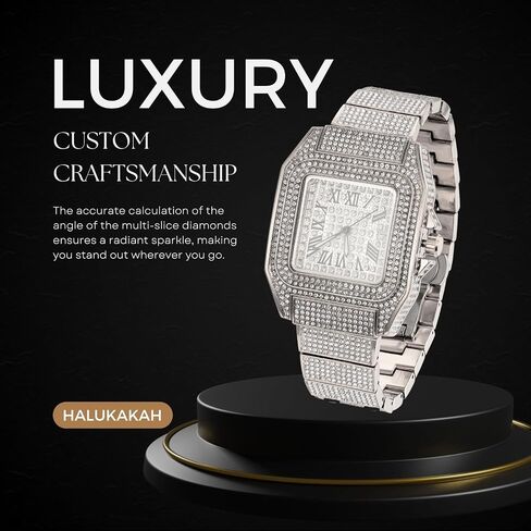 Halukakah Watch for Men - Moissanite Diamond Iced Out - رفاهية الذهب الذهب/البلاتين الفاخرة المغطاة بالذهب الأبيض المغطى بأرقام رومانية 40 ملم مع تقويم ، معصم ثقيل ، 8.5 بوصة - مع مربع الهدايا in Kuwait