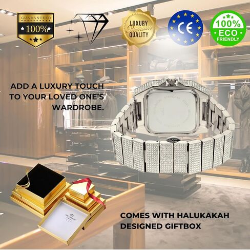 Halukakah Watch for Men - Moissanite Diamond Iced Out - رفاهية الذهب الذهب/البلاتين الفاخرة المغطاة بالذهب الأبيض المغطى بأرقام رومانية 40 ملم مع تقويم ، معصم ثقيل ، 8.5 بوصة - مع مربع الهدايا in Kuwait