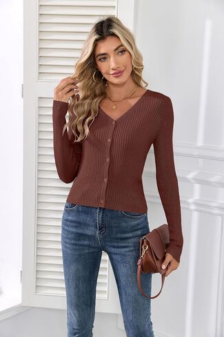 Iandroiy Women's Cropped Cardigan Button Down V Neck Long Sleeve Soft Knit Shrug Sweaters in Kuwait