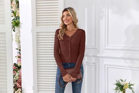 Iandroiy Women's Cropped Cardigan Button Down V Neck Long Sleeve Soft Knit Shrug Sweaters in Kuwait