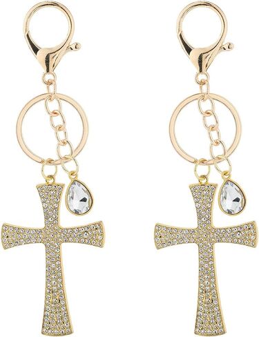 1Box 2Pcs Cross Key Chain Charm Rhinestone Cross Keychain Large Golden Alloy Crystal Clap Teardrop Blessed Holy Sparkling Cross Key Ring for Women DIY Bag Hanging Car Keys Purse Decoration in Saudi Arabia