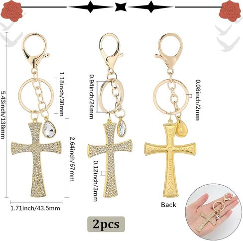 1Box 2Pcs Cross Key Chain Charm Rhinestone Cross Keychain Large Golden Alloy Crystal Clap Teardrop Blessed Holy Sparkling Cross Key Ring for Women DIY Bag Hanging Car Keys Purse Decoration in Saudi Arabia