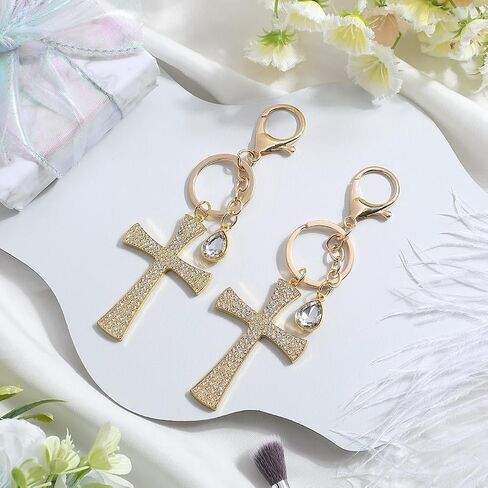 1Box 2Pcs Cross Key Chain Charm Rhinestone Cross Keychain Large Golden Alloy Crystal Clap Teardrop Blessed Holy Sparkling Cross Key Ring for Women DIY Bag Hanging Car Keys Purse Decoration in Saudi Arabia