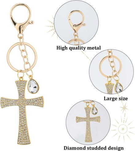 1Box 2Pcs Cross Key Chain Charm Rhinestone Cross Keychain Large Golden Alloy Crystal Clap Teardrop Blessed Holy Sparkling Cross Key Ring for Women DIY Bag Hanging Car Keys Purse Decoration in Saudi Arabia
