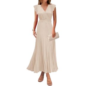 KIRUNDO Women's Summer Maxi Dresses Elegant V Neck Ruffle Flutter Sleeves Empire Waist Pleated Flowy Wedding Guest Dress in Kuwait