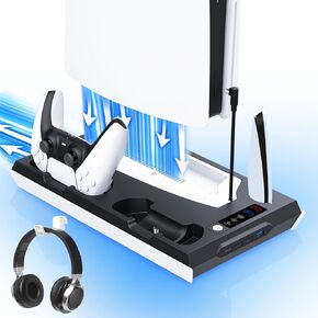 محطة التبريد النحيفة PS5/ PS5 مع محطة شحن وحدة تحكم مزدوجة ، حامل تبريد PS5 للحصول على وحدة تحكم PlayStation 5 ، حامل سماعات الرأس/ مروحة التبريد PS5/ 4 USB محور كل شيء في منظم إكسسوارات واحد ، أسود in Kuwait