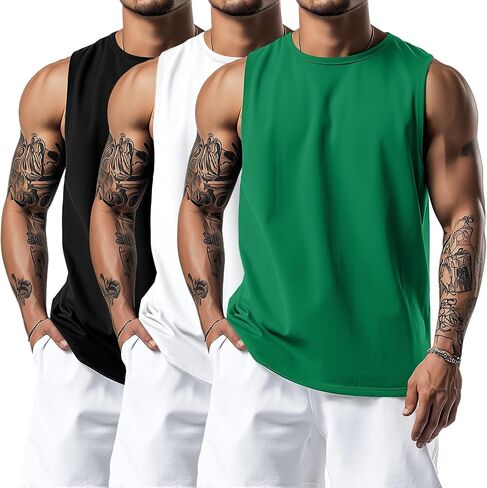 Huukeay 3 Pack Men's Big & Tall Sleeveless Muscle Shirts, Cotton Blend Gym Tank Tops Moisture Wicking Slim Fit Workout Tees in Saudi Arabia