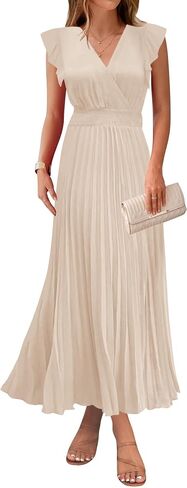 KIRUNDO Women's Summer Maxi Dresses Elegant V Neck Ruffle Flutter Sleeves Empire Waist Pleated Flowy Wedding Guest Dress in Saudi Arabia