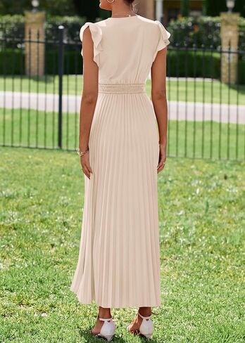 KIRUNDO Women's Summer Maxi Dresses Elegant V Neck Ruffle Flutter Sleeves Empire Waist Pleated Flowy Wedding Guest Dress in Saudi Arabia