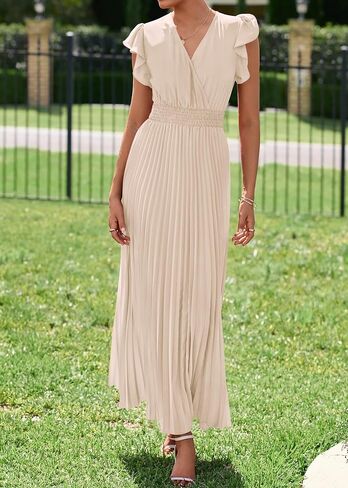 KIRUNDO Women's Summer Maxi Dresses Elegant V Neck Ruffle Flutter Sleeves Empire Waist Pleated Flowy Wedding Guest Dress in Saudi Arabia