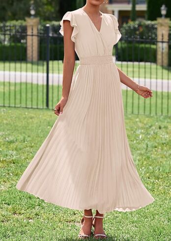 KIRUNDO Women's Summer Maxi Dresses Elegant V Neck Ruffle Flutter Sleeves Empire Waist Pleated Flowy Wedding Guest Dress in Saudi Arabia