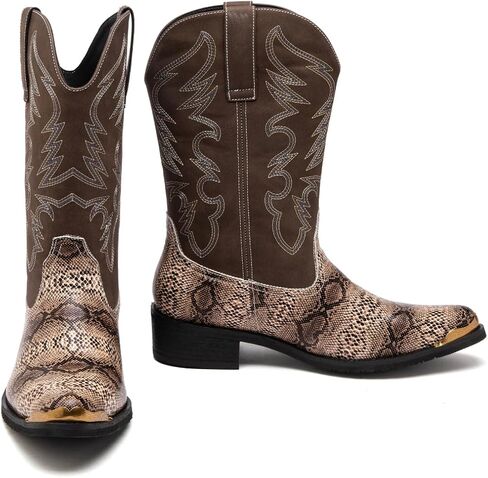 Mens Monty Print Pointed Toe Pull On Casual jackboots Mid Calf，Western Cowboy Boots, Snake Print Design, Embroidered Shaft in Saudi Arabia