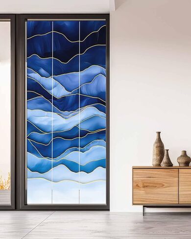 Window Privacy Film, Navy Blue Ombre UV Sun Blocking Window Tint Film Heat Control One Way Blackout Window Film, Modern Moire Abstract Art Luxury Non Adhesive Static Cling Window Sticker 35.4x78.7 in in Kuwait