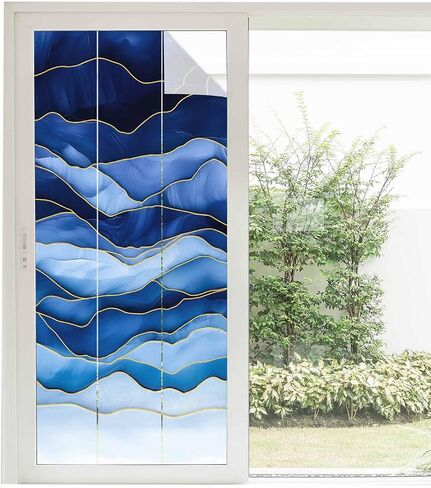 Window Privacy Film, Navy Blue Ombre UV Sun Blocking Window Tint Film Heat Control One Way Blackout Window Film, Modern Moire Abstract Art Luxury Non Adhesive Static Cling Window Sticker 35.4x78.7 in in Kuwait