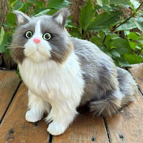 Lifelike Shorthair Cat Statue Black White Plush Faux Fur Kitten Home Decor, Handmade Kitty Collectible Gift for Cat Lovers in Kuwait