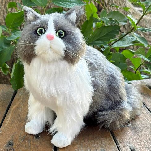 Lifelike Shorthair Cat Statue Black White Plush Faux Fur Kitten Home Decor, Handmade Kitty Collectible Gift for Cat Lovers in Kuwait