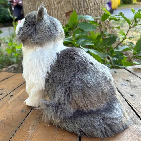 Lifelike Shorthair Cat Statue Black White Plush Faux Fur Kitten Home Decor, Handmade Kitty Collectible Gift for Cat Lovers in Kuwait