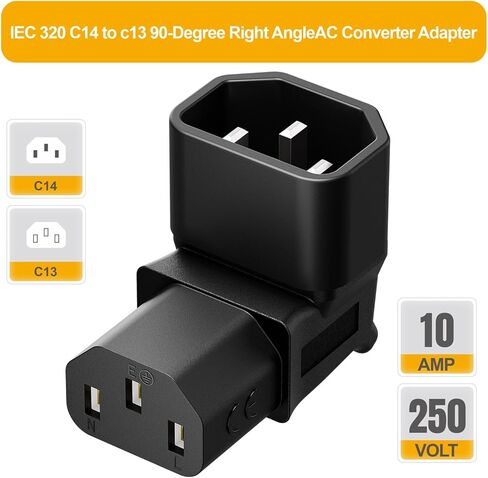 IEC 320 C14 إلى C13 محول تيار متردد بزاوية قائمة، IEC 3 أقطاب ذكر إلى أنثى محول تيار متردد بزاوية 90 درجة، C14 إلى C13 محول تيار متردد بزاوية أعلى، لون أسود in Saudi Arabia