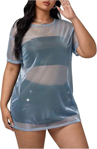 SHENHE Women's Plus Size Sexy See Through Mesh Short Sleeve Party Night Loose Tshirt Dress in Saudi Arabia