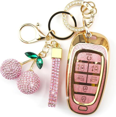 غطاء مفتاح براعم مع سلسلة Keychain Cherry ، Bling TPU Smart Key Case for Women ، متوافق مع Hyundai Sonata Santa Fe Tucson Nexo 2019-2021 Palisade 2023-2024 (7-Butro ، Gold Pink) in Kuwait
