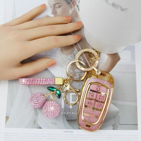 غطاء مفتاح براعم مع سلسلة Keychain Cherry ، Bling TPU Smart Key Case for Women ، متوافق مع Hyundai Sonata Santa Fe Tucson Nexo 2019-2021 Palisade 2023-2024 (7-Butro ، Gold Pink) in Kuwait