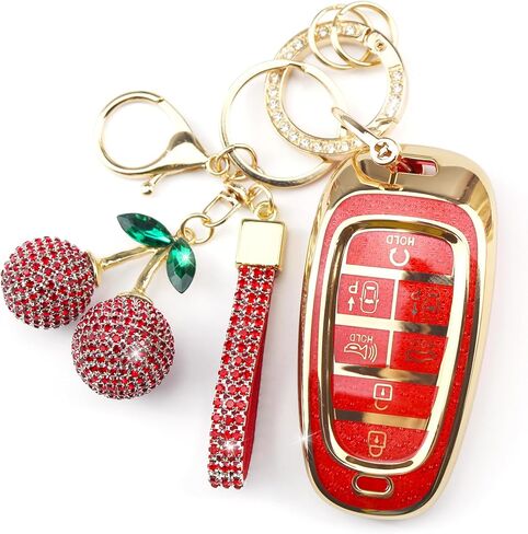 غطاء مفتاح براعم مع سلسلة Keychain Cherry ، Bling TPU Smart Key Case for Women ، متوافق مع Hyundai Sonata Santa Fe Tucson Nexo 2019-2021 Palisade 2023-2024 (7-Butro ، Gold Pink) in Kuwait