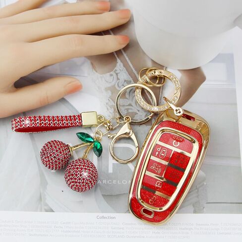غطاء مفتاح براعم مع سلسلة Keychain Cherry ، Bling TPU Smart Key Case for Women ، متوافق مع Hyundai Sonata Santa Fe Tucson Nexo 2019-2021 Palisade 2023-2024 (7-Butro ، Gold Pink) in Kuwait