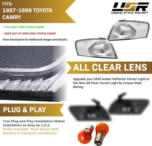 USR 97-99 Camry Corner Light – Front Turn Signal Corner Lamps (Left + Right) Pair - Compatible with 1997-1999 Toyota Camry All Models/Trims (CLEAR CORNER LIGHTS with AMBER BULBS) in Saudi Arabia